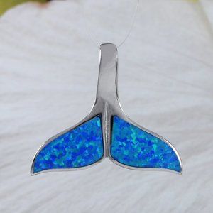 New Silver Large Opal Whale Tail Pendant Necklace